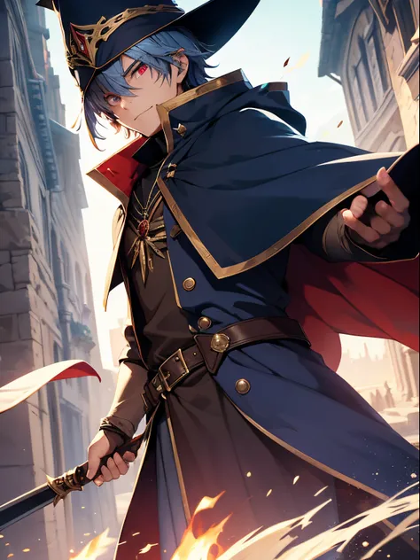 A  teenage man, dark blue and blond hair, red eyes, eyepatch, wizards cloak, adventurers outfit, medieval, fantasy, wizards hat, powerful, smirk