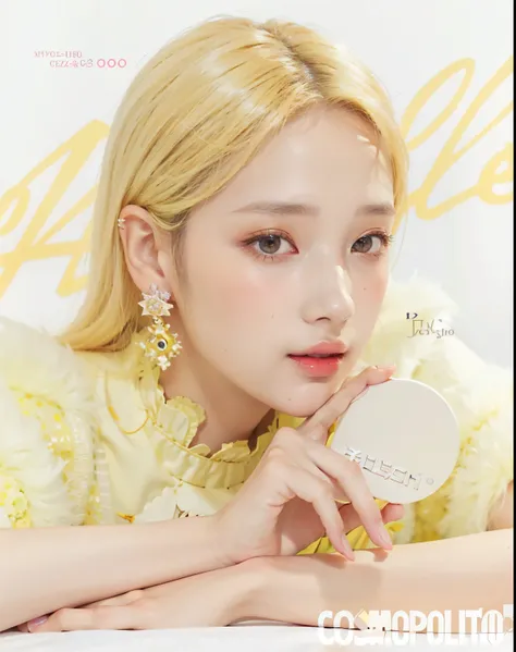 Foto arafed de una mujer con un vestido amarillo y aretes sosteniendo un espejo compacto., JIA, Render de abril, Retrato de Jossi de Blackpink, Ilustraciones oficiales, Jinyoung Shin, Fanart oficial, Amapola, Jaeyeon Nam, Taejune Kim, Bae Suzy, Amarilleado...