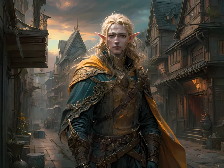 dark fantasy art, dnd art, dark RPG art, wide shot, (masterpiece:1.3), half elf bard in a fantasy street, full body, intense details, highly detailed, photorealistic, best quality, highres, portrait of 1(male: 1.4) half elf (fantasy art, Masterpiece, best ...