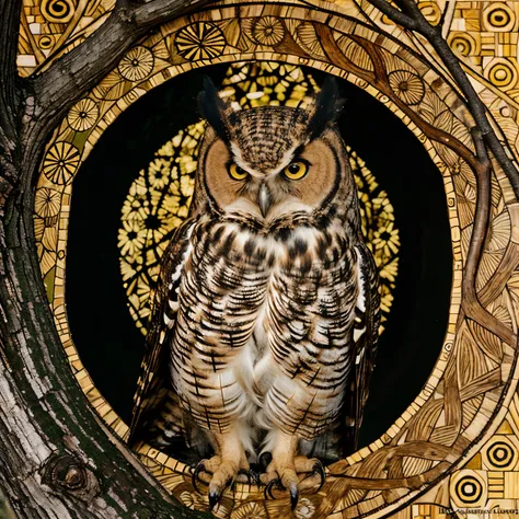 Abstract great horned owl in a tree with geometric background in the style of gustav Klimt