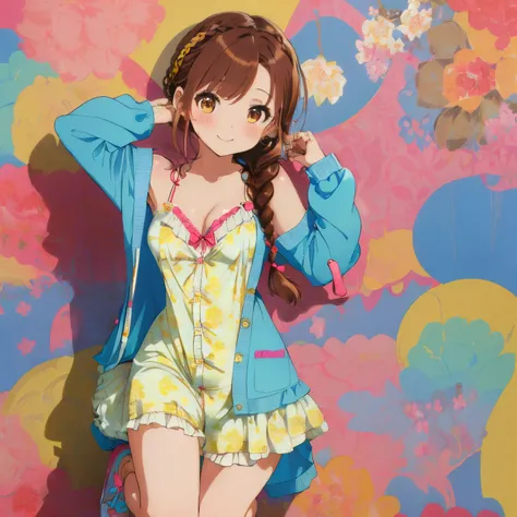 ((Brown hair)),((Braided shorthair)),(With bangs),Slight red tide,(Pajama long sleeve cardigan clothes with lots of frills),((All light blue and yellow)),(Colorful, cute and bold clothes),(oversized floral pattern),(The chest is boldly opened and the cleav...