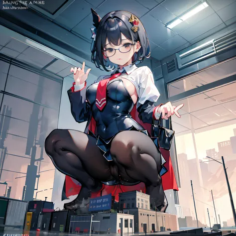 Multiple girls, giantess art, a hyperrealistic schoolgirl, , highly detailed giantess shot, der riese, Shorthair, Black pantyhose, Giant high school girl much bigger than a skyscraper。Wearing rimless glasses。Colossal tits。Navy blue blazer、Red tie、Mini Leng...