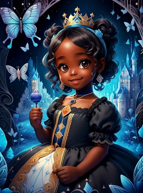 (cute black baby girl smiling with a blue princess dress, butterflies and a castle), Munchkin ,Geometric multidimensional wall portrait, livro de arte, Tchibi,
Yang08k, Beautiful, Colouring,
Obras, of the highest quality, best quality, Arte Oficial, Beauti...