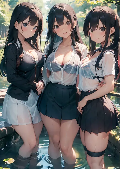 ((Three black-haired naughty anime girls in uniform are wearing naughty clothes and playing by the water。)), Ecchi anime style, anime moe art style, Smooth Anime CG Art, Anime Girls, Kantai Collection Style, Ecchi style, Realistic Schoolgirl, Ecchi, a hype...