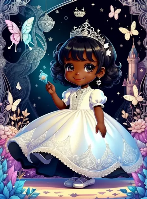 (cute black baby girl smiling with a white princess dress, butterflies and a castle), Munchkin ,Geometric multidimensional wall portrait, livro de arte, Tchibi,
Yang08k, Beautiful, Colouring,
Obras, of the highest quality, best quality, Arte Oficial, Beaut...