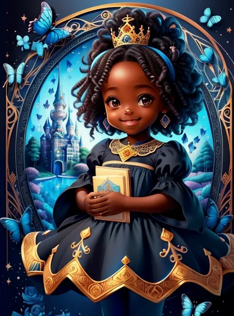 (cute black baby girl smiling with a blue princess dress, butterflies and a castle), Munchkin ,Geometric multidimensional wall portrait, livro de arte, Tchibi,
Yang08k, Beautiful, Colouring,
Obras, of the highest quality, best quality, Arte Oficial, Beauti...