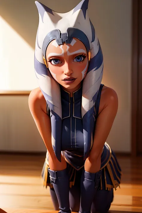 (masterpiece, best quality, ultra-detailed), ahsokatano, (orange skin:1.2), blue eyes, makeup, medium breasts, blue shirt, vambr...