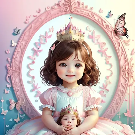 (cute baby girl with brown hair smiling with a white and pink princess dress, butterflies and a castle), Munchkin ,Geometric multidimensional wall portrait, livro de arte, Tchibi,
Yang08k, Beautiful, Colouring,
Obras, of the highest quality, best quality, ...