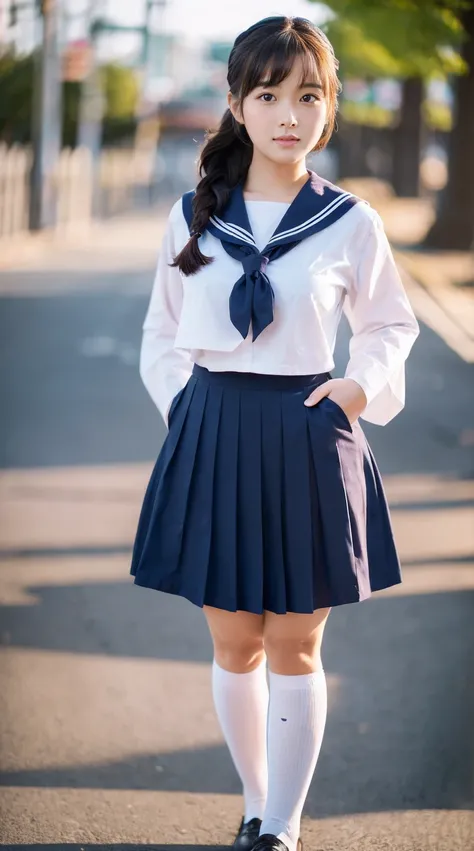 (Masterpiece,High Quality:1.3),(depth of field:1.3) ,((front body:1.35)),  Japanese ,Girl,chignon,sailor  uniform,long skirt,huge breasts,voluptuous,(looking at viewer:1.3), (full body shot:1.2),