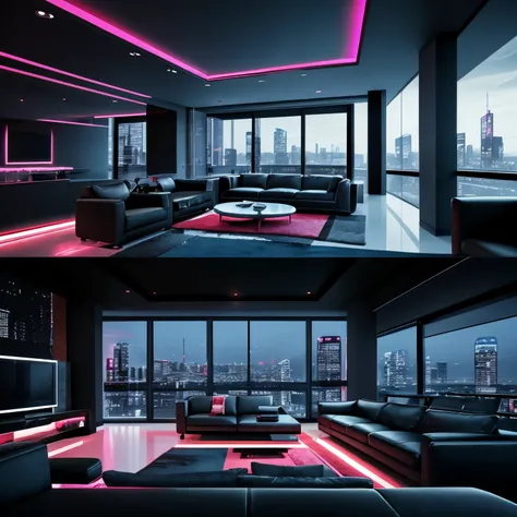 modern single living room with a couch and a table, modern, cyberpunk, ULTRAHD