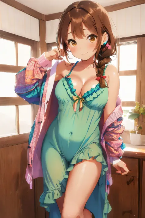 ((Brown hair)),((Braided shorthair)),(With bangs),(((Brown eyes))),Slight red tide,(Pajama long sleeve cardigan clothes with lots of frills),((all green and blue)),(Colorful, Cute camisole),(Striped pattern),(The chest is boldly opened and the cleavage is ...