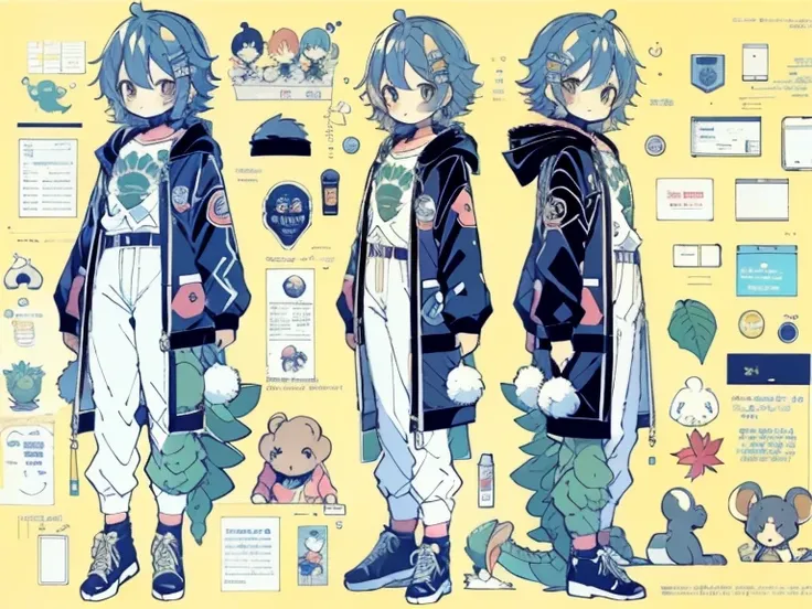 1girl in, ((Character information)、(Chara Leaf)、Type sheet, Character Sheets, Three types，Shot Full Body，Game Character Design，Colorful, Bright, Character concept, There are many different cute cartoon animals, Elephants, crocodiles, Rabbits and other anim...