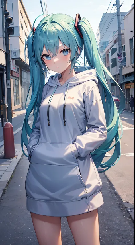 (8K、Top image quality、top-quality、​masterpiece)、1 girl in、Twin-tailed、Hatsune Miku、light blue  eyes、deadpan、Moderately breasts、(white hoodie)、hands in the pocket、cowboy  shot、is standing、Taken from below、Downtown background