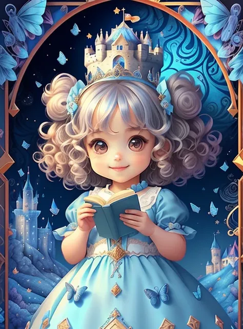 (cute baby girl with curly hair smiling with a blue princess dress, butterflies and a castle), Munchkin ,Geometric multidimensional wall portrait, livro de arte, Tchibi,
Yang08k, Beautiful, Colouring,
Obras, of the highest quality, best quality, Arte Ofici...