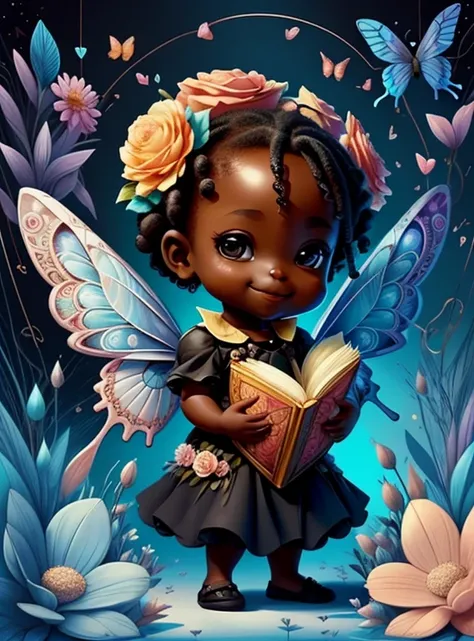 (cute black baby cupid smiling with flowers and butterflies), Munchkin  ,Geometric multidimensional wall portrait, livro de arte, Tchibi,
Yang08k, Beautiful, Colouring,
Obras, of the highest quality, best quality, Arte Oficial, Beautiful and Aesthetic,