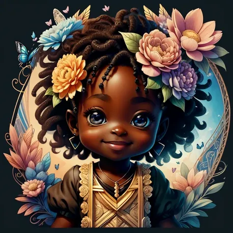 (cute black baby cupid smiling with flowers and butterflies), Munchkin  ,Geometric multidimensional wall portrait, livro de arte, Tchibi,
Yang08k, Beautiful, Colouring,
Obras, of the highest quality, best quality, Arte Oficial, Beautiful and Aesthetic,