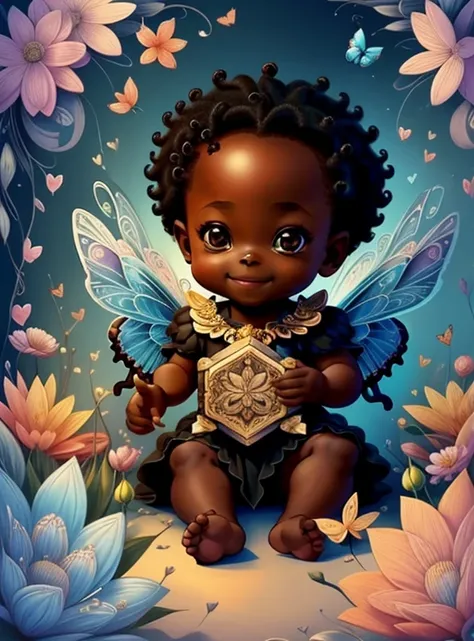 (cute black baby cupid smiling with flowers and butterflies), Munchkin ,Geometric multidimensional wall portrait, livro de arte, Tchibi,
Yang08k, Beautiful, Colouring,
Obras, of the highest quality, best quality, Arte Oficial, Beautiful and Aesthetic,