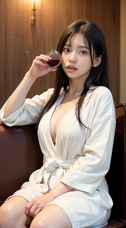 (masutepiece, Best Quality:1.4), Beautiful face, 8K, 85 mm, absurderes, ((Dark bedroom in the hotel))、(Wearing a thick white bathrobe:1.4), ((cowboy  shot:1.5))、((Shot from below:1.4))、((udder of medium size:1.4))、violaceaess, gardeniass, Delicate girl, So...