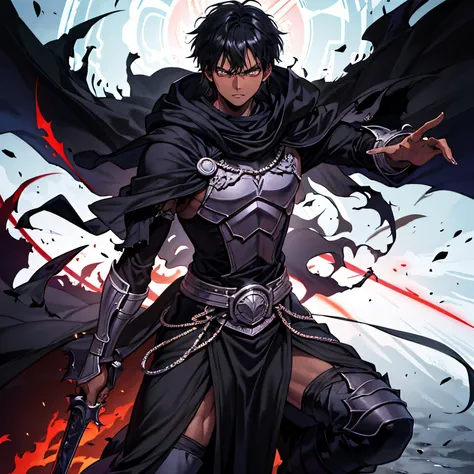 Male, ten years, fight pose, dark- skinned, wearing black colored robes, berserk art style, kentaro miura art style, good anatomy, perfect eye placement, sharp features, exudes confidence