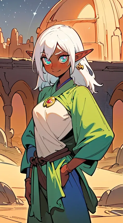 beste-Qualit, super detailed illustration, Elf Girl, dark-skin, Cyan eyes, desert, hiquality, the anime, baggy trousers , open waist, Medium white hair, perky smile, dnd, adventures, Long elven ears, Oriental Fairy Tale (Masterpiece:1.2), Best Quality, Hig...