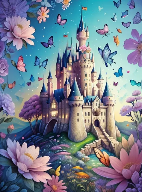 (cute castle with flowers and butterflies), Munchkin ,Geometric multidimensional wall portrait, livro de arte, Tchibi,
Yang08k, Beautiful, Colouring,
Obras, of the highest quality, best quality, Arte Oficial, Beautiful and Aesthetic,