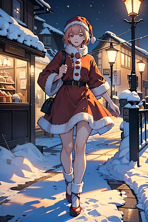 "cute girl santa claus, Red shoes, Illustrations, Ultra-detailed, hightquality (Best Quality, 4K, 8K, hight resolution, masutepiece:1.2), Portrait, Vivid colors, Warm tones, Realistic (Photorealsitic:1.37), Festive atmosphere, jingle bell, Yuki, Cozy winte...