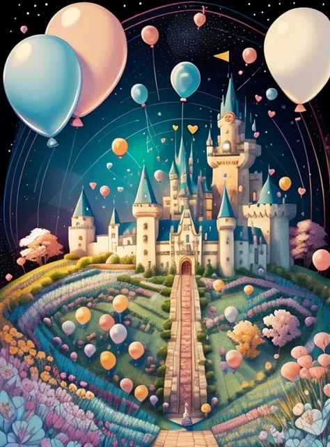 (cute castle with flowers and ballons), Munchkin ,Geometric multidimensional wall portrait, livro de arte, Tchibi,
Yang08k, Beautiful, Colouring,
Obras, of the highest quality, best quality, Arte Oficial, Beautiful and Aesthetic,