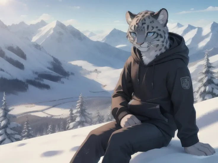 1Snow leopard, Blue eyes, detailed eyes, on the mountain, Winter, sitting in the snow, wear black hoodie, grey pants, sunny day, best quality, Masterpiece