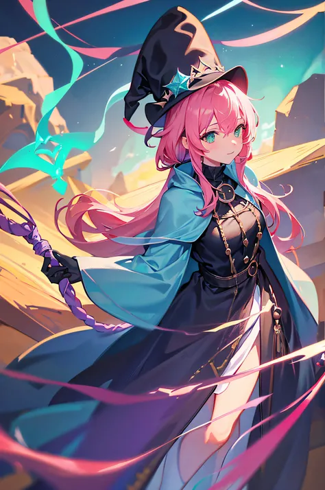 4K,hight resolution,One Woman,Pink hair,poneyTail,Green eyes,Sorcerer,bright blue sacred rope,Wizard Hat,Black Gloves,Sorcerers Wand,medieval village