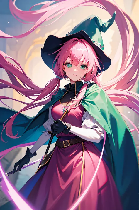 4K,hight resolution,One Woman,Pink hair,poneyTail,Green eyes,Sorcerer,bright blue sacred rope,Wizard Hat,Black Gloves,Sorcerers Wand,medieval village