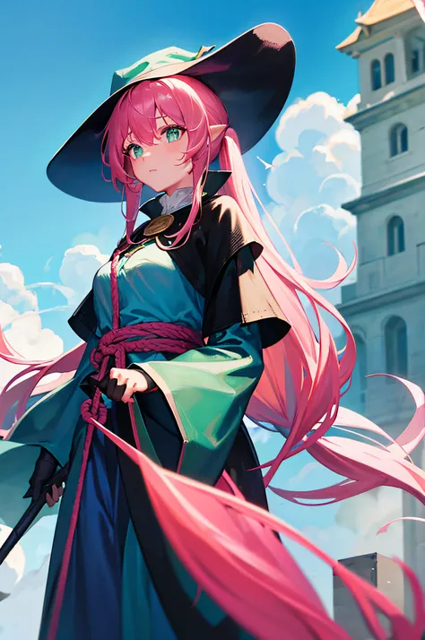 4K,hight resolution,One Woman,Pink hair,poneyTail,Green eyes,Sorcerer,bright blue sacred rope,Wizard Hat,Black Gloves,Sorcerers Wand,medieval village