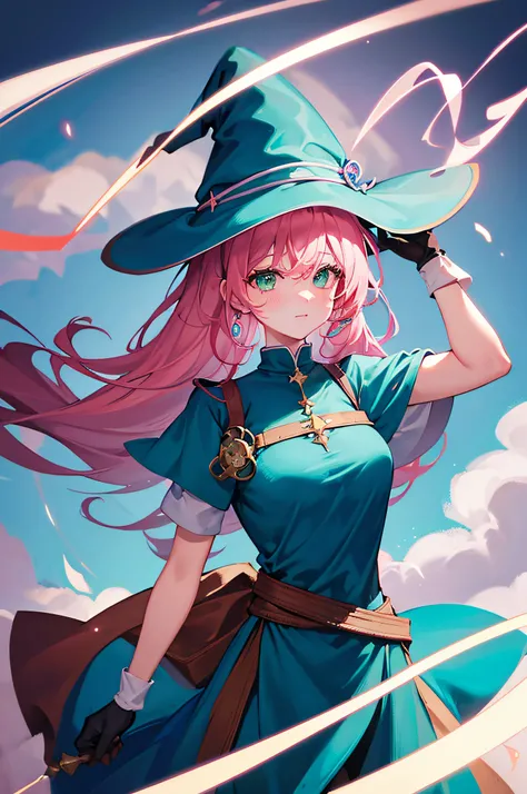 4K,hight resolution,One Woman,Pink hair,poneyTail,Green eyes,Sorcerer,bright blue sacred rope,Wizard Hat,Black Gloves,Sorcerers Wand,medieval village