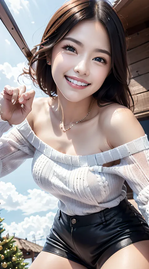 (Beautiful face of a shining woman, Highly detailed)、 (realisitic、８K)、Single Female、42 year old、（waist-length hair）、 (extremely detailed CG unified 8k wallpaper)、  Professional Photography、 Realistic Photos、 (white off-shoulder sweater:1.8)、((A smile:1.8))...