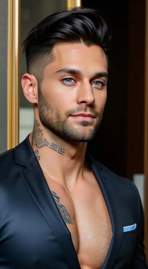 Man, cabelo preto escuro, Handsome, 32 anos, musculoso, com tatuagens por todo o corpo, terno aberto, Sem camisa, com uma barba rala da cor do cabelo, medium hair, olhos azuis