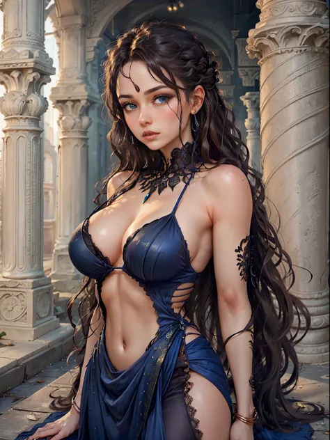 ((8k, HDR, Full body, entire figure, Beautiful European girl 20 years old, round face, closeup, slim body, intense blue electric eyes, detailed eyes, black hair, very long hair, Perfect proportions, gigantic breast, dynamic pose)), ((Masterpiece, highest b...