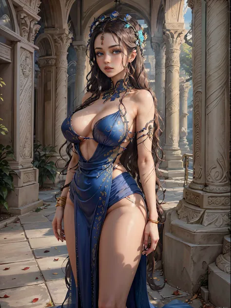 ((8k, HDR, Full body, entire figure, Beautiful European girl 20 years old, round face, closeup, slim body, intense blue electric eyes, detailed eyes, black hair, very long hair, Perfect proportions, gigantic breast, dynamic pose)), ((Masterpiece, highest b...