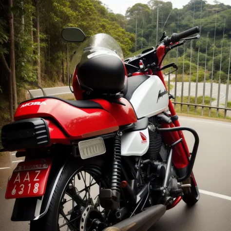 there is a red motorcycle parked on the side of the road, motocicleta, tiro traseiro, motocicleta, visto no perfil de longe, Motocicleta de Akira, Rear view, tiro traseiro, imagem vazada, sentado em uma motocicleta, Captura do iPhone, perfil frontal, Motoc...