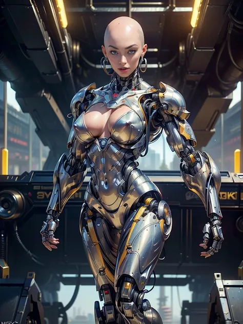 (beautiful muscular female cyborg:1.25), (megan-fox:1.5), (full body pose), (metallic muscular armor:1.5), (no hair), (bald head covered in cables:1.5), (robotic mechanical physique:1.5), (super muscular female cyborg:1.5), (covered in cables and mechanica...