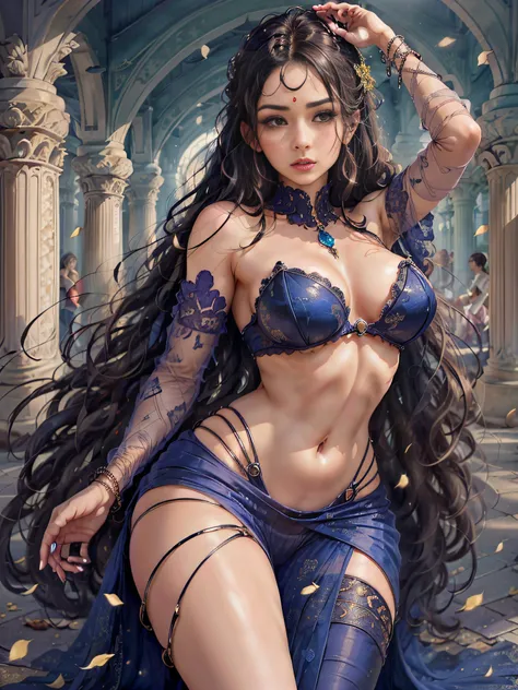 ((8k, HDR, Full body, entire figure, Beautiful European girl 20 years old, round face, closeup, slim body, intense blue electric eyes, detailed eyes, black hair, very long hair, Perfect proportions, gigantic breast, dynamic pose)), ((Masterpiece, highest b...