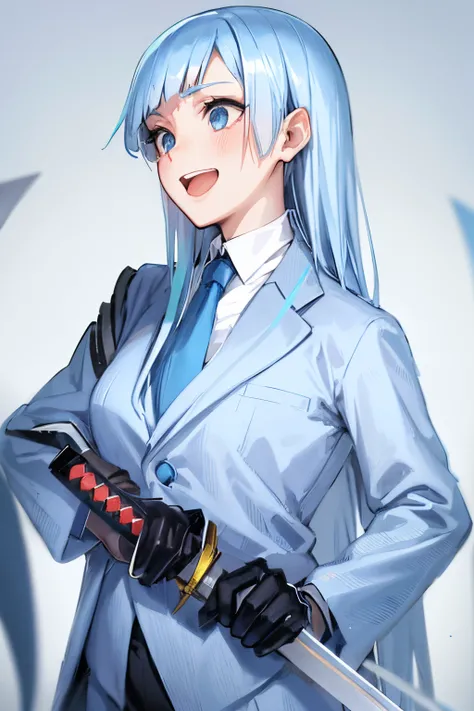 lightblue hair、bangs diagonal bangs rack suit、Japanese Katana Sword、white  shirt、black color suit