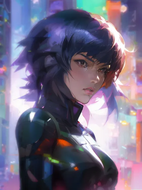 anime girl with purple hair and black leather outfit with brilliant highlights in a city, ghost in the shell art style, motoko kusanagi, ilya kuvshinov. 4 k, digital cyberpunk anime art, artstyle : ilya kuvshinov, ilya kuvshinov style, digital art ilya kuv...