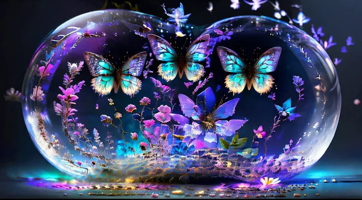 a glass buterfly, transparent, translucid, realist, pink and violet, blue with luminecent light