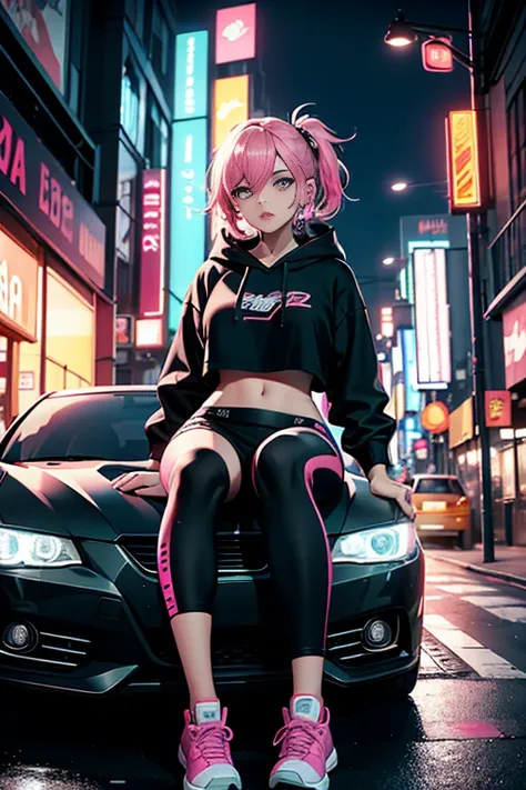 (masterpiece:1.2), best quality, realistic, 4K, beautiful detailed girl, perfect lighting, highly detailed, bright eyes, 2 girls, mature female, big breasts, :3, navel, black crop top hoodie, pink design on crop top hoodie, pink leggings, sneakers, sitting...