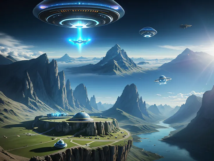 spaceship flying over a mountain with a valley in the background, alien mothership in the sky, alien spaceship in the sky, ufo landing, of a ufo propulsion , ufo attack, the ufo  over the city, an intact ancient alien ship, ancient alien portal, depicted a...