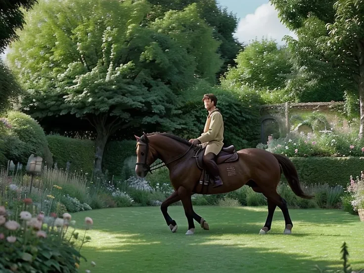 Un homme sur un cheval dans un très beau jardin, ghibli studio style