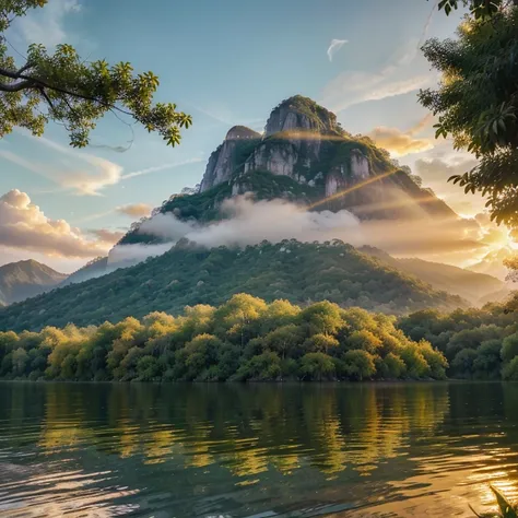 "Imagine a breathtakingly beautiful scene of a lush jungle in the middle of a huge lake, with towering mountains floating above. The jungle is teeming with life, with every tree and plant in vivid detail. The lake is crystal clear, reflecting the golden hu...