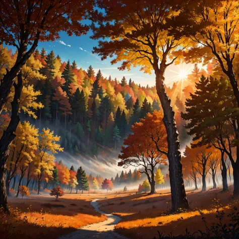 l&#39;automne a tissé sa magie dans la forêt, transformer le paysage en une tapisserie de couleurs. le grand, Les vieux arbres sont décorés de feuilles toutes de couleur marron.&#39;écarlate vibrante, Create a contrasting luminous light with the soleil in ...