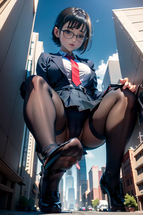 giantess art, a hyperrealistic schoolgirl, , highly detailed giantess shot, der riese, Shorthair, Black pantyhose, Giant high school girl that exceeds a skyscraper。Wearing rimless glasses。Colossal tits。Navy blue blazer、Red tie、Mini Length Skirt、Black panty...