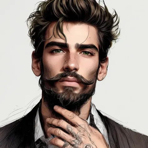 Hombre en la cuarentena. De pelo moreno. Ojos verdes. Barba cuidada. Alto y fuerte. Muy guapo.