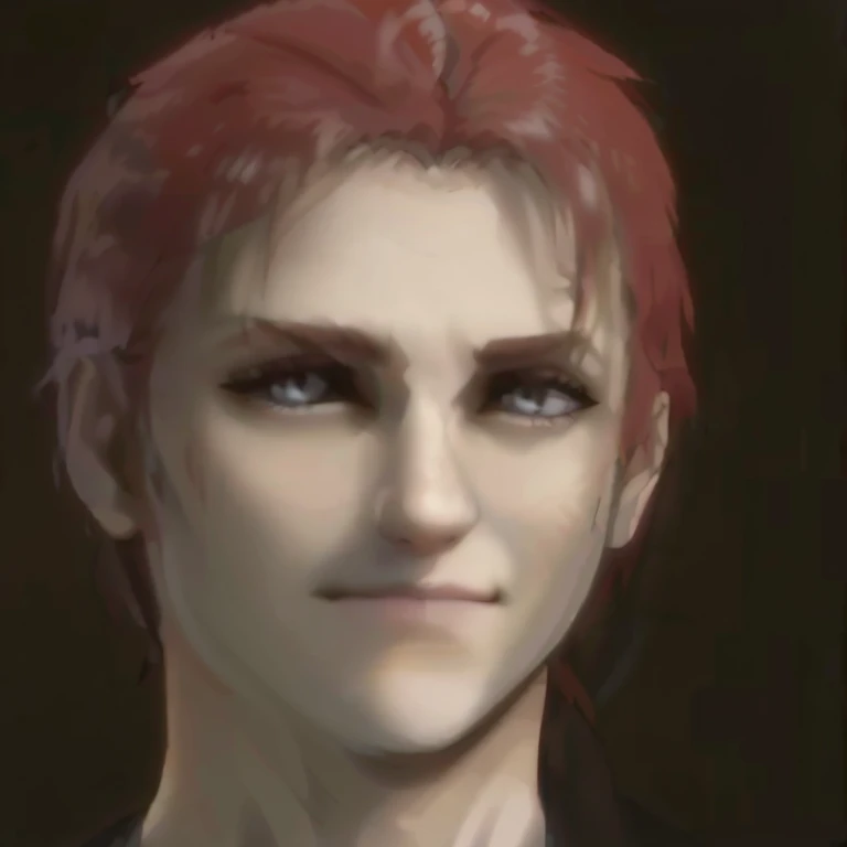 un primer plano de una persona con cabello rojo y fondo negro, Cara de Final Fantasy, Kakyoin, Yayoi Kasuma, Personaje de Final Fantasy, Ealistic sombreado Perfect Face, mullet, attractive androgynous humanoid, androgynous face, Primer plano del personaje,...